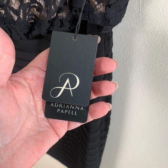 Adrianna Papell Plus Size 14W Drape Neck Banded Dress Black Lace Bodice Cocktail - Picture 11 of 12